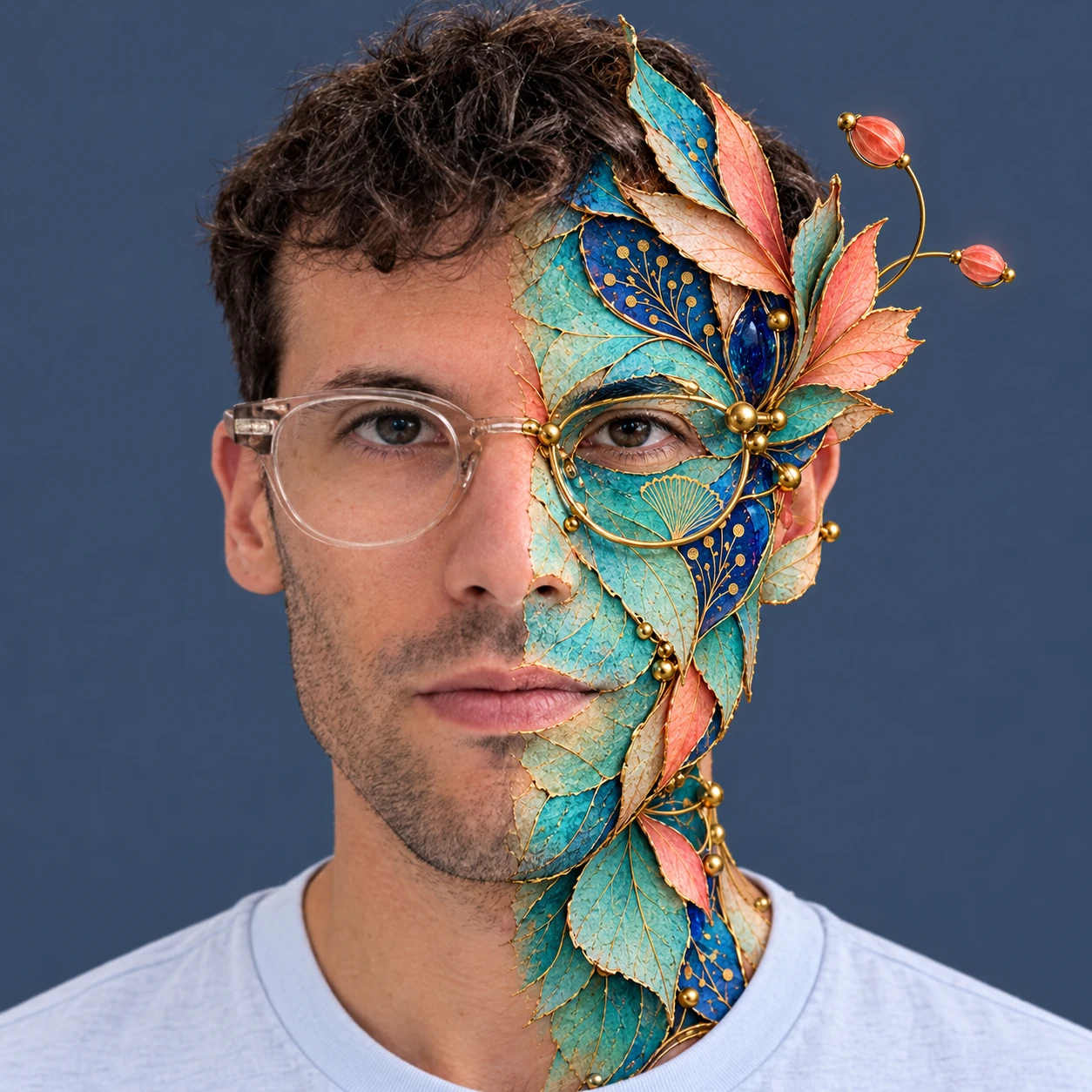 Giuseppe Galilei, with one half of his face photographic and the other made of turquoise botanical forms, coral paper and brass.
