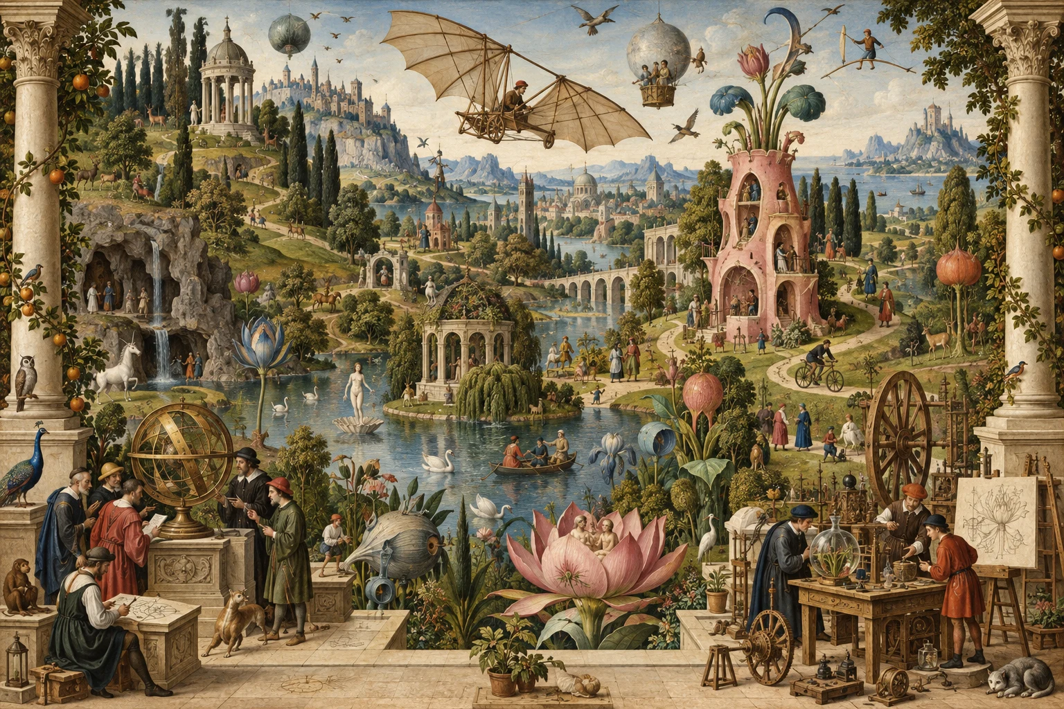 An imagined Renaissance garden filled with inventors, astronomers, cyclists, strange plants, flying machines, and Giuseppe among the curious figures.