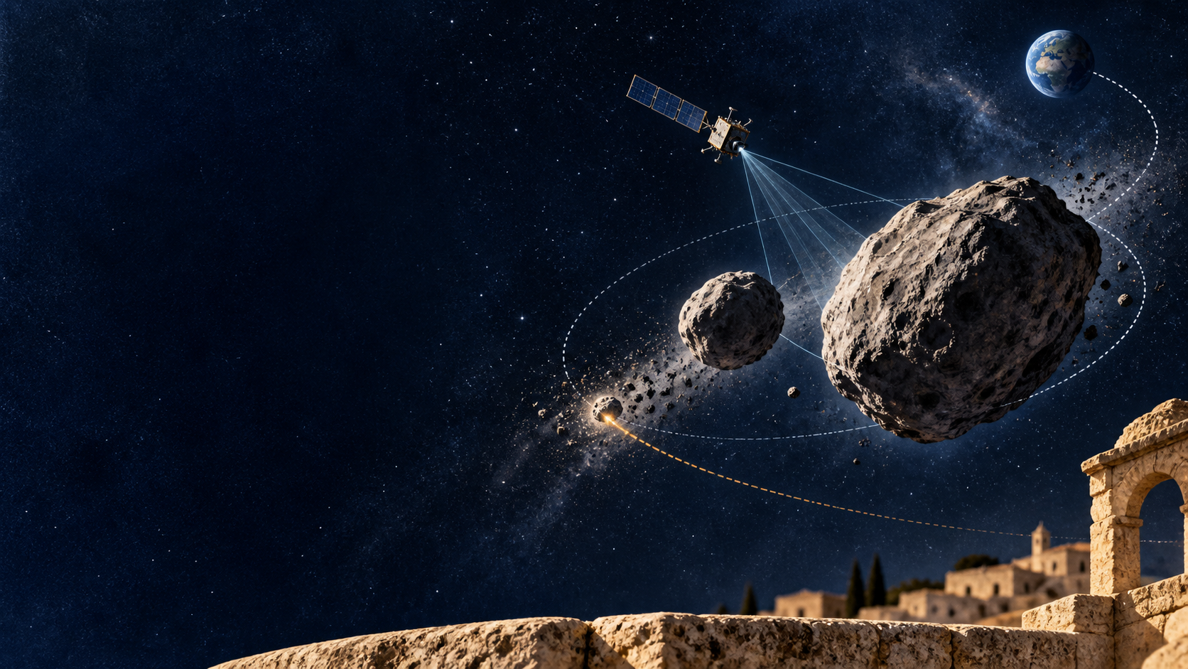 The Hera spacecraft approaching Didymos and Dimorphos above the historic town of Presicce