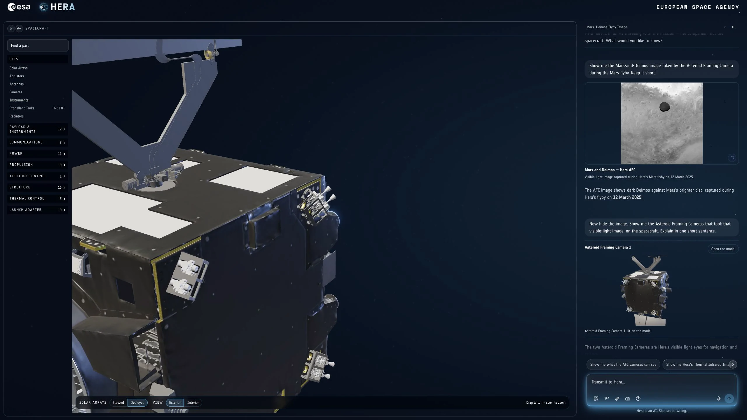 The recorded Hera Space Companion interface, with the spacecraft model open beside the conversation